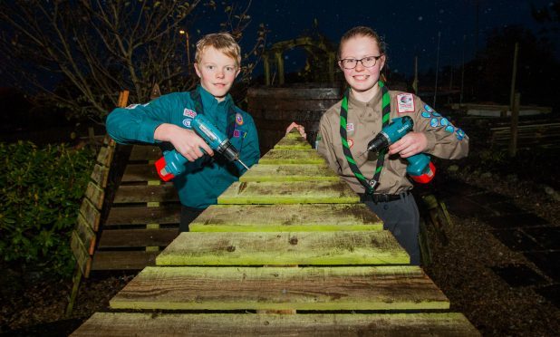 Fundraising Scout Ailsa Bennet upcycling old fence wood into Christmas Trees to raise money for trip South America, with brother Struan Bennet.