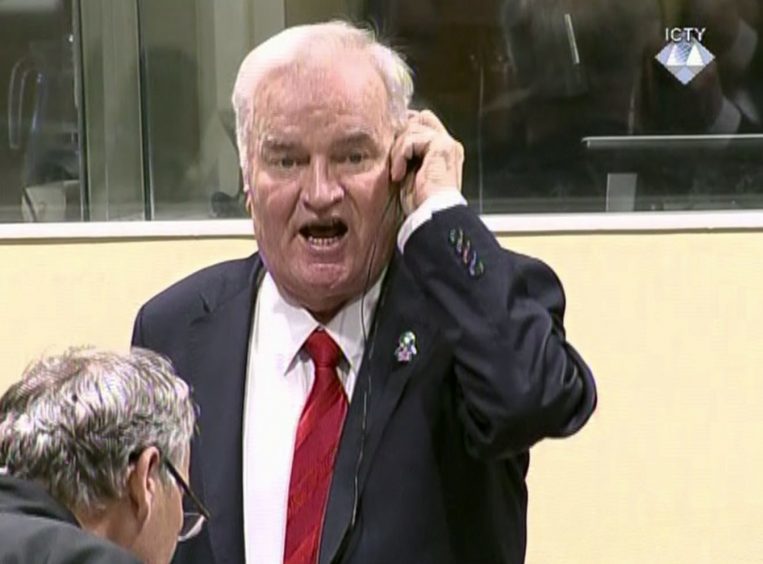 Bosnian Serb military chief Ratko Mladic during an angry outburst in the Yugoslav War Crimes Tribunal in The Hague, Netherlands, on Wednesday