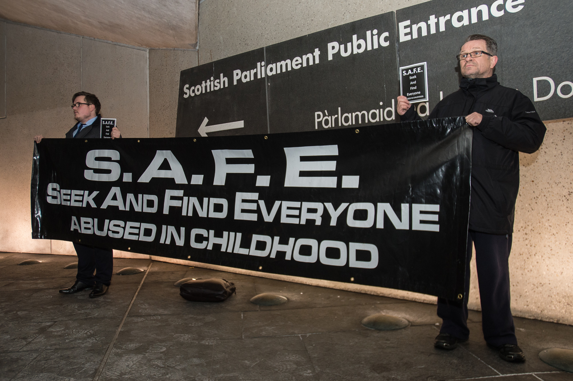 Dave Sharp (right) and lawyer Douglas Canning outside the Scottish Parliament in 2017