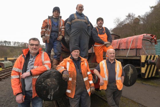 Shed47 Railway Restoration Group pictured next to a newly delivered boiler ready for restoration. Lathalmond, Fife. Top  L-R Pete Westwater, Norman Briggs, Mark Bradshaw. Bottom Grant Robertson David Coupar and Jim Paterson.