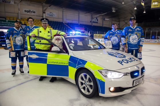 Chief Superintendent Colin Gall, Father Christmas and the Fife Flyers launch the Police Festive Safety campaign.