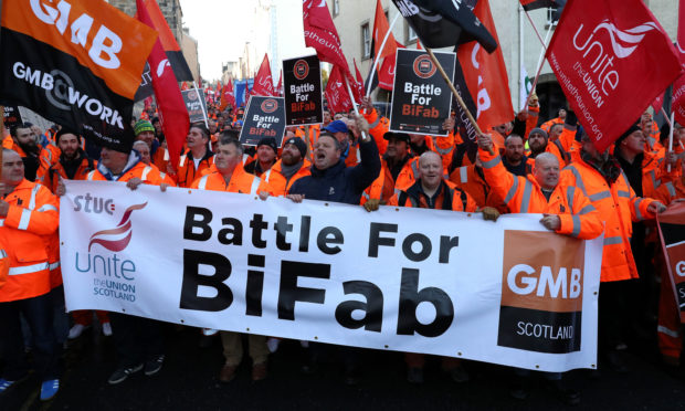 Workers from crisis-hit fabrication firm BiFab march through Edinburgh to the Scottish Parliament IN 2017.