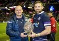 Scotland head coach Gregor Townsend (left) with John Barclay and the Hopeman Cup, the trophy for matches between the Scots and the Wallabies.