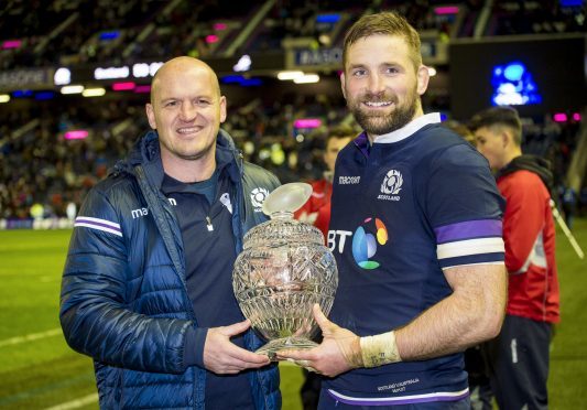 Scotland head coach Gregor Townsend (left) with John Barclay and the Hopeman Cup, the trophy for matches between the Scots and the Wallabies.