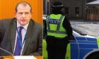 Left: Detective chief inspector Graham Binnie speaks to the media. Right: Police at a cordon at Guthrie Street on Friday morning.
