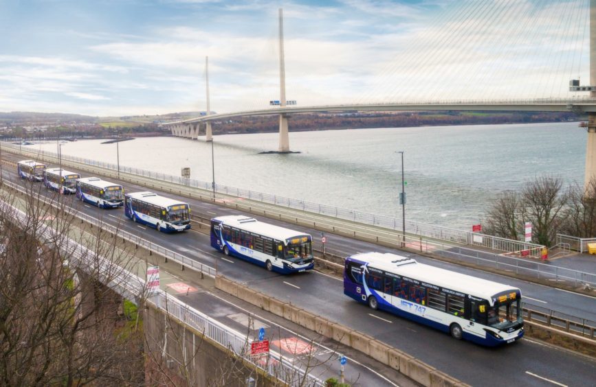 buses crossing the Forth Road Bridge into Fife