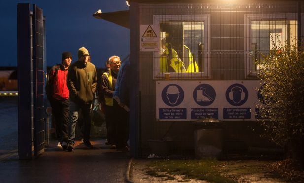 Workers leaving BiFab in Methil on Monday evening.