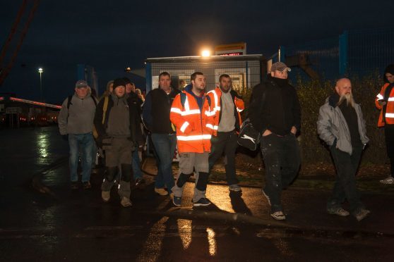 Workers leaving BiFab in Methil on Monday night.