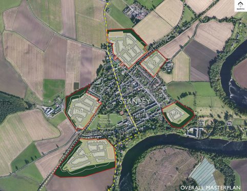 Muir Homes masterplan will see homes built on five sites - linked by public roads - around Stanley. Over 14 years, that could see the village's population double. Image: Muir Homes.
