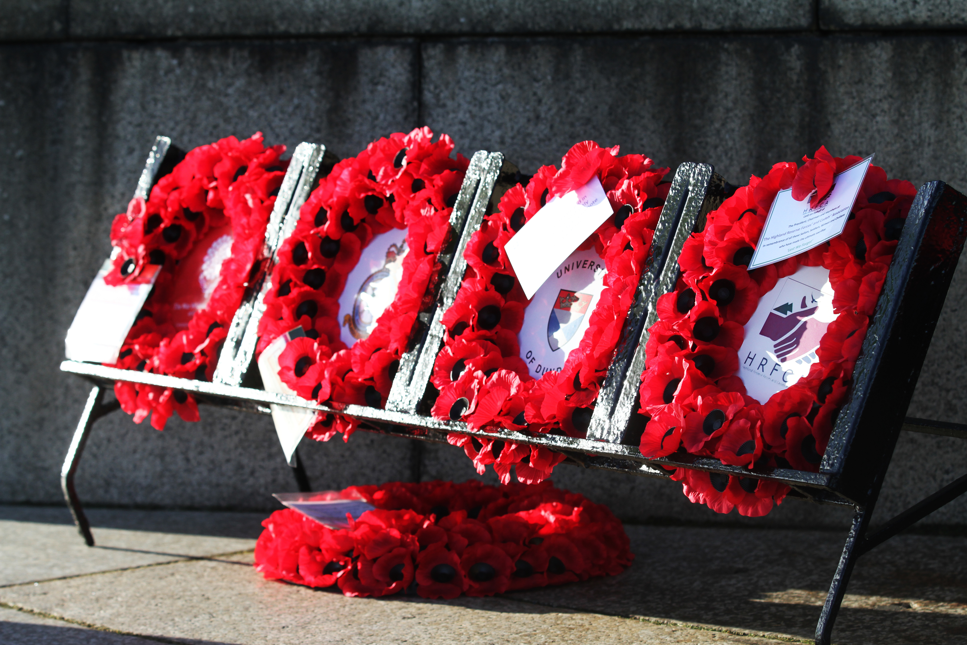 Wreaths lain at the top of the Law Hill by the War Memorial.