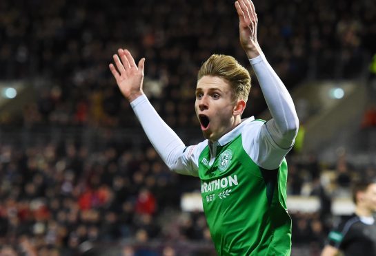 Hibernian's Oli Shaw stares in disbelief as his shot is ruled to have not crossed the line.