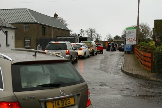 A queue of cars outside the Carnoustie Recycling Centre.