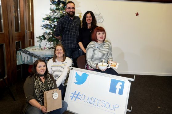 Recovery Dundee with the hosts for the evening - front l to r - Sharon Brand, Kirsty Slater and Dr Jennifer Jones - back - hosts, Paul Hastie and Claire Dufour, The Circle