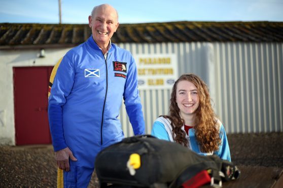 Courier News. Scott Milne story. Scotland’s oldest skydiver, Derek Thorne is sponsoring Deborah Garland, who is doing a jump to raise money for the Salvation Army Building Fund next year (March 3rd is proposed date). Pic shows; Derek Thorne giving Deborah Garland some poointers. Thursday, 22nd December, 2017.
