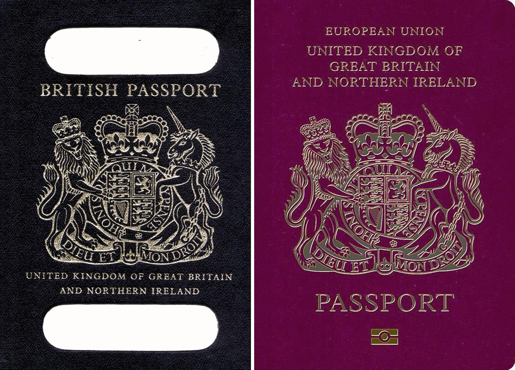 Composite picture of an old British passport (left) and a burgundy UK passport in the European Union style format.