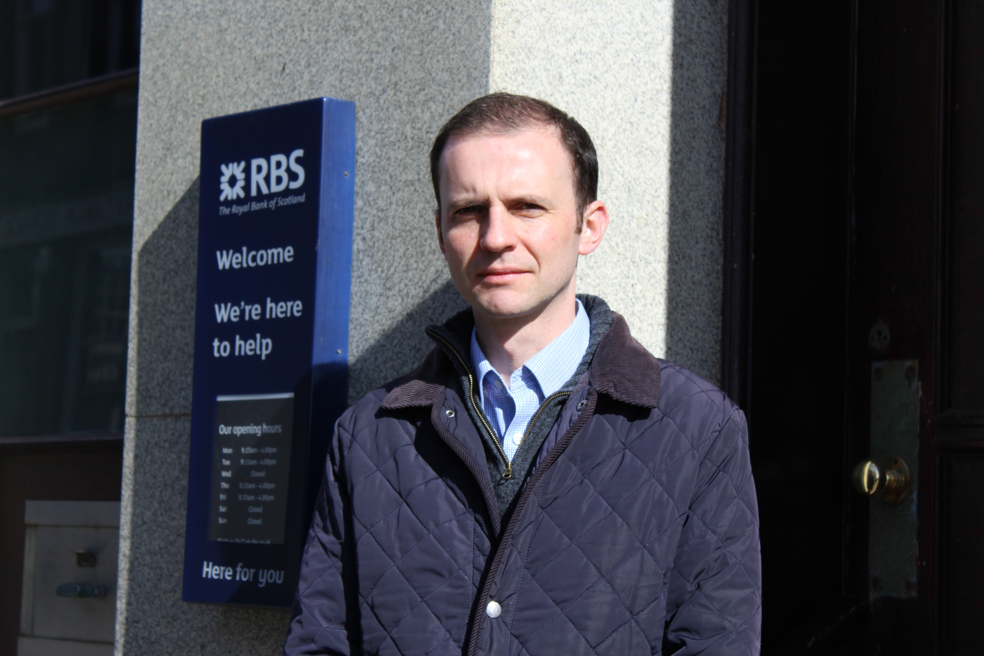 Stephen Gethins outside the Anstruther branch of RBS.