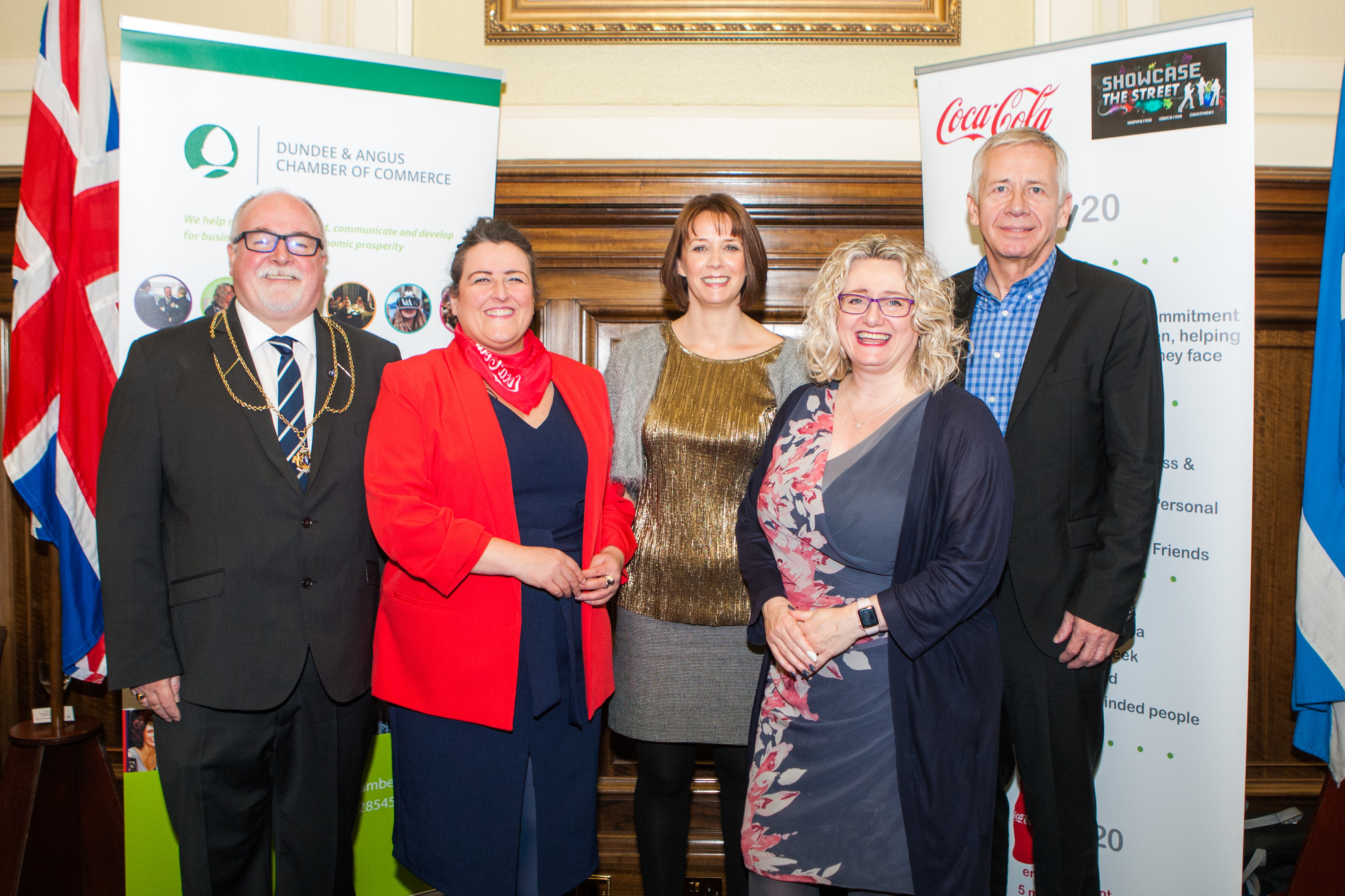 Left to right: Depute Lord Provost Bill Campbell, Councillor Lynne Short, Angie Foreman (5by20 Programme Director), Alison Henderson (Chief Executive of Dundee & Angus Chamber of Commerce) and Jim Fox (Coca-Cola).