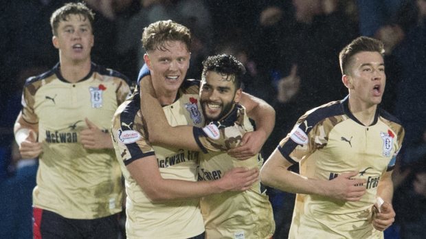 Dundee's Faissal El Bakhtaoui (second from right) celebrates his goal with his team mates