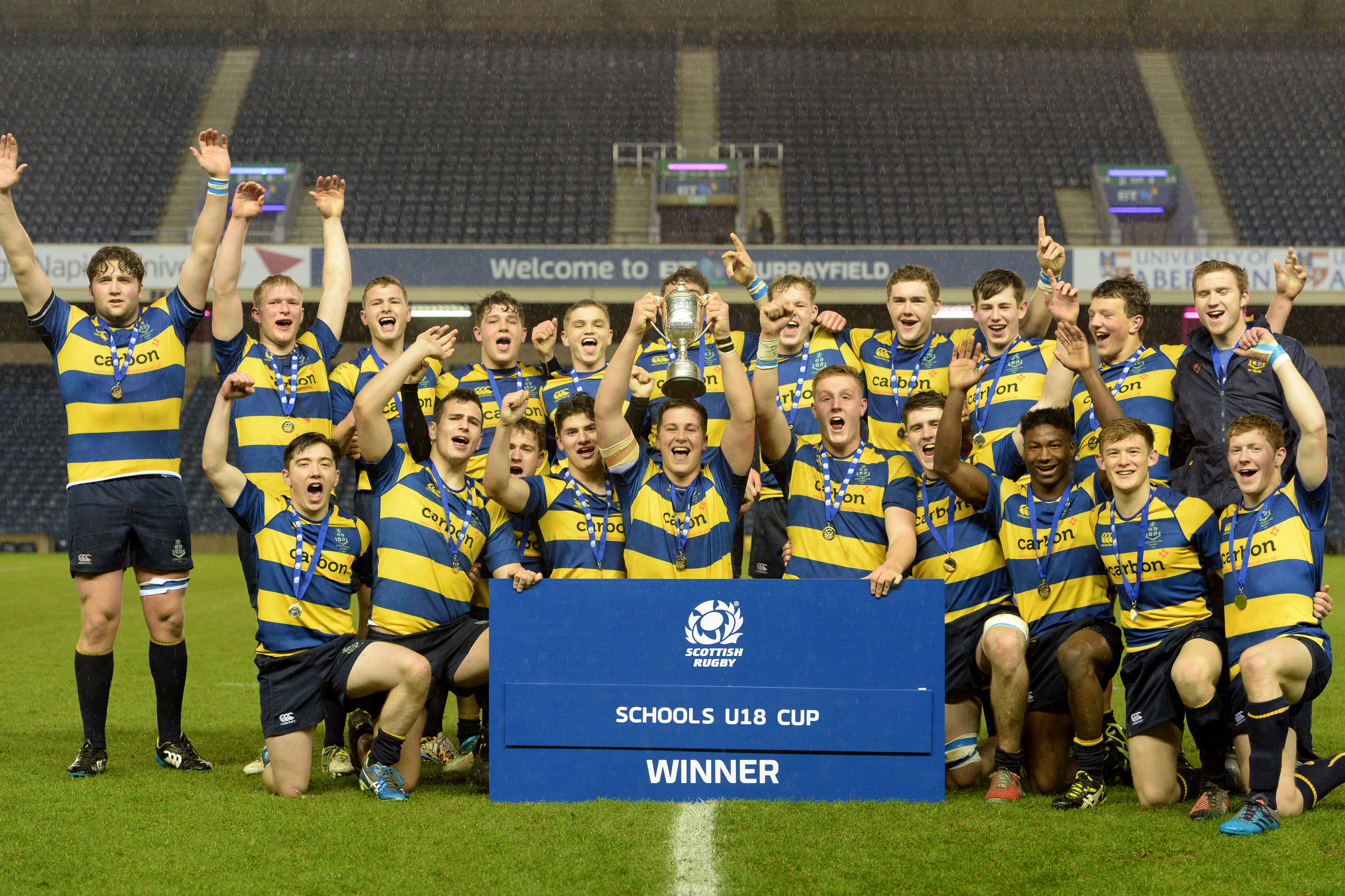 The Strathallan players celebrate their Scottish Schools Cup victory.