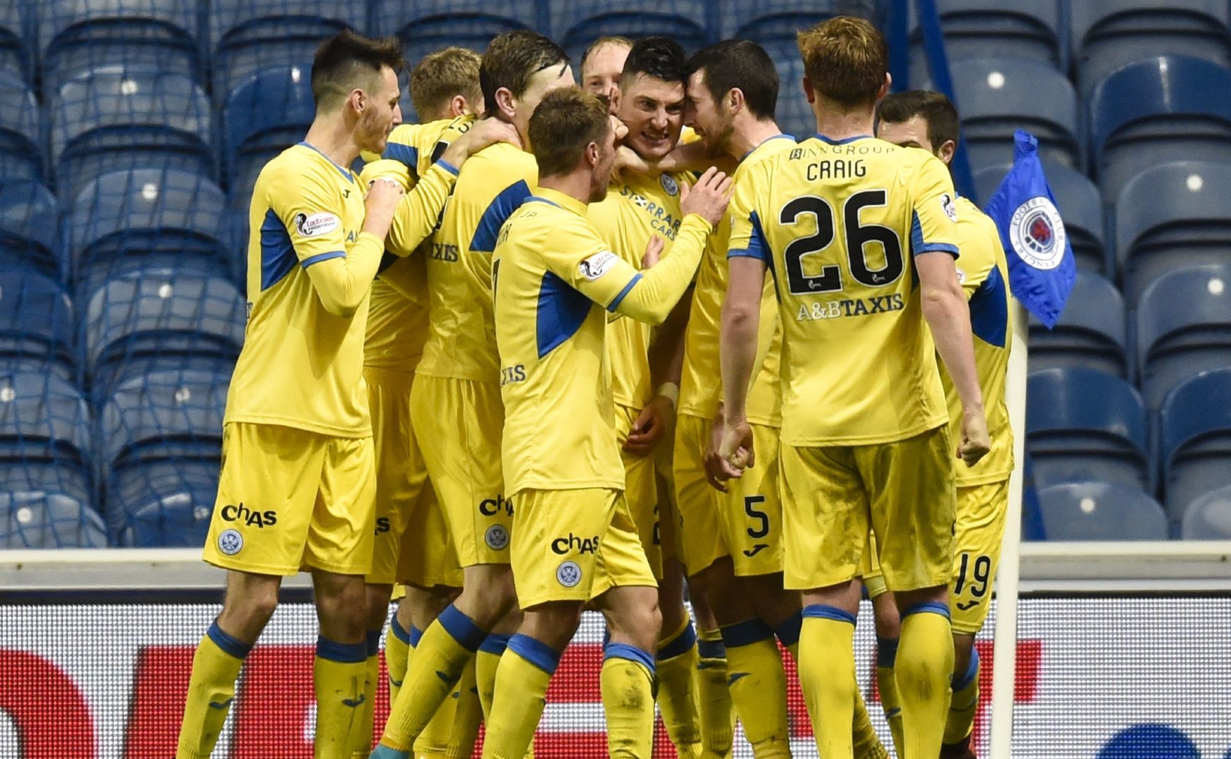 The St Johnstone players celebrate their third goal at Ibrox.