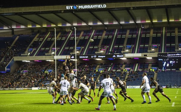 Edinburgh Glasgow players compete in the line-out in the 1872 Cup first leg.