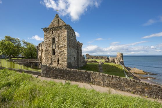 St Andrew's Castle in the Royal Burgh of St Andrews. The castle sits on a rocky promontory overlooking a small beach called Castle Sands.