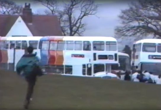 Stagecoach busses pick up pupils at Perth High School in March 1989.