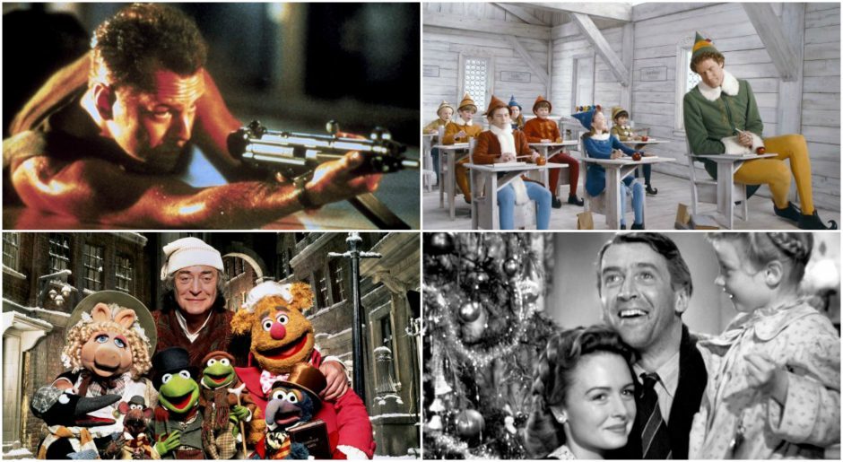 image shows scenes from four films - Die Hard, Elf, It's A Wonderful Life and Muppet Christmas Carol.