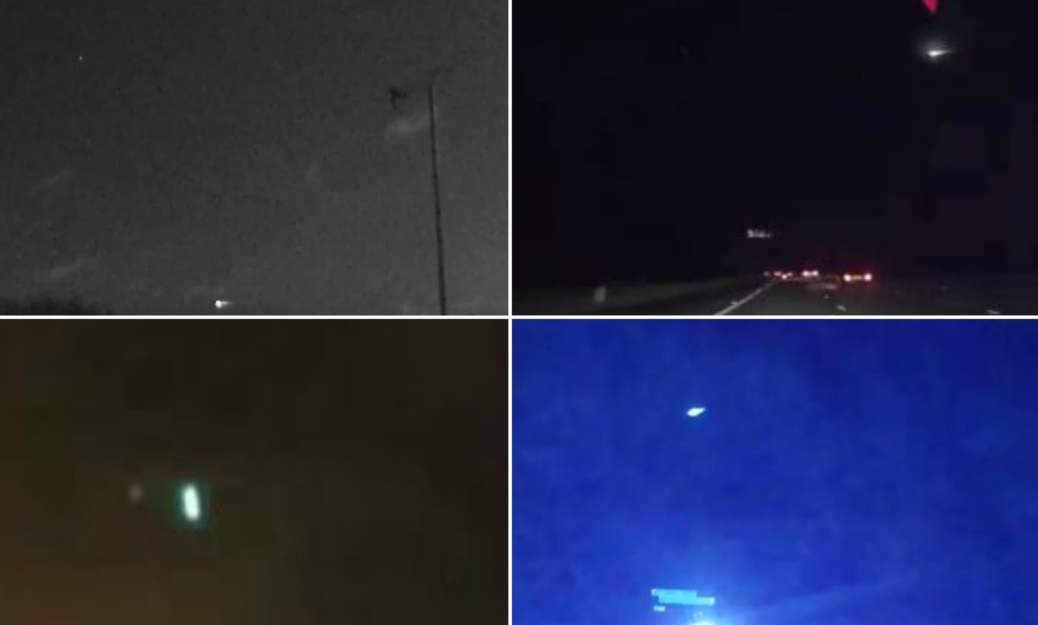 Footage of the meteor from across the UK. Uploaded by: the UK Meteor Observation Network Youtube, Jim Rowe - top left; Martin Kempson - Twitter, top right;
the Evening Express Youtube via Charlie Western, bottom left; and Graftin Geeza,  Youtube - bottom right.