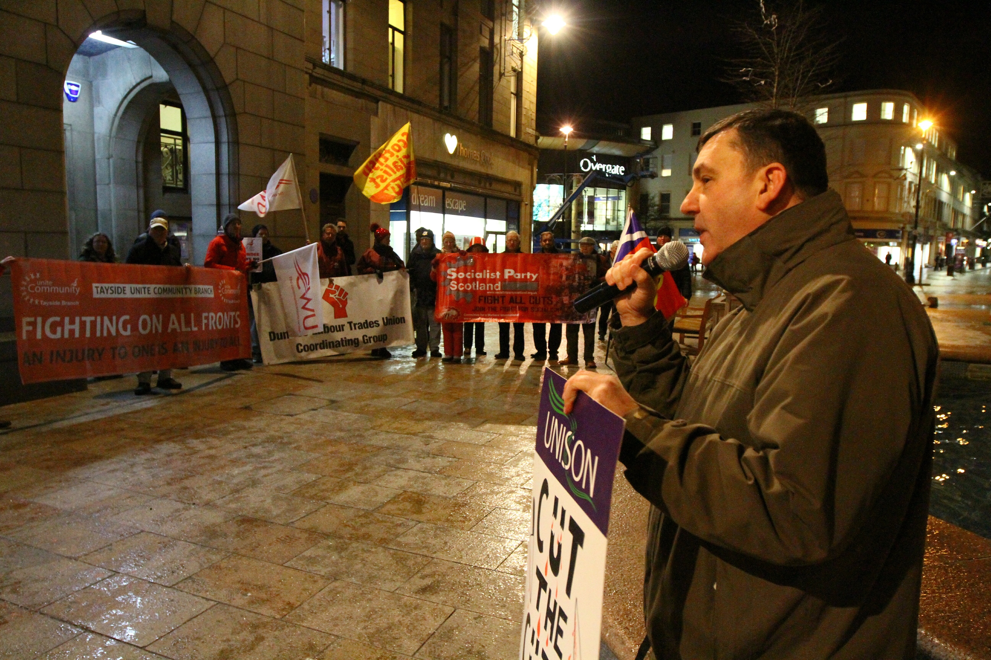 McFarlane OF Dundee City Unison addressing the protesters outside the City Chambers.