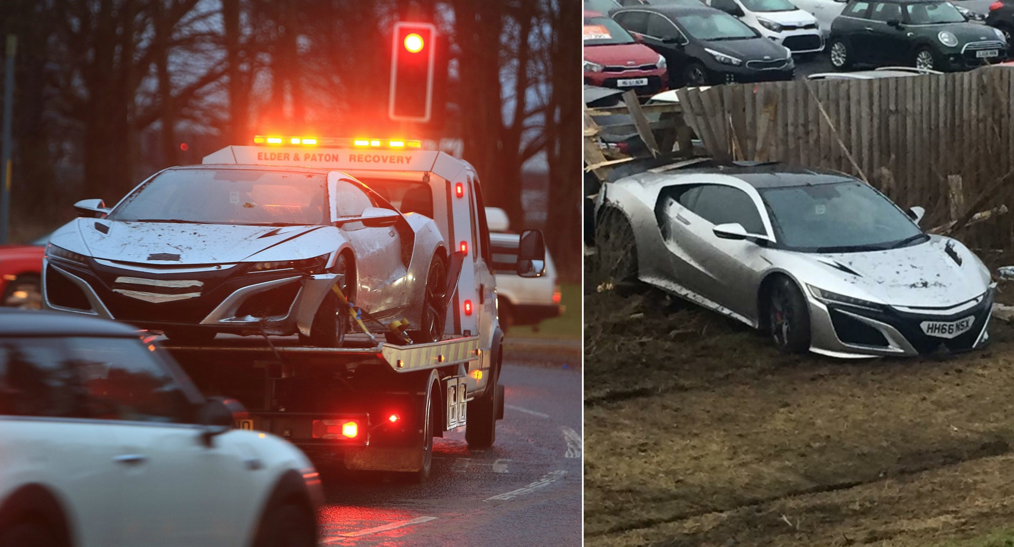 The Honda NSX being taken away following the crash (left) and where it crashed (right).
