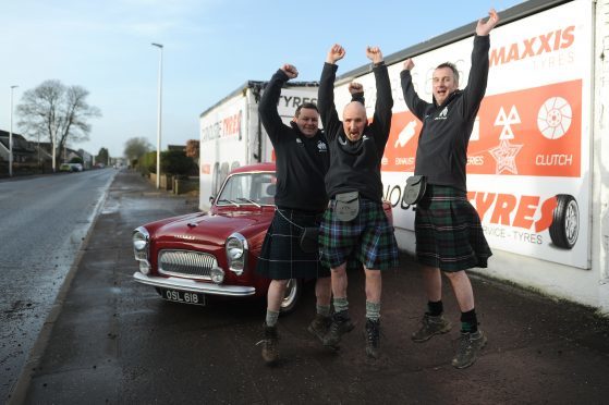 David Tindal, Alan Falconer and Stephen Woods ready for the Monte rally start ramp in 2018.