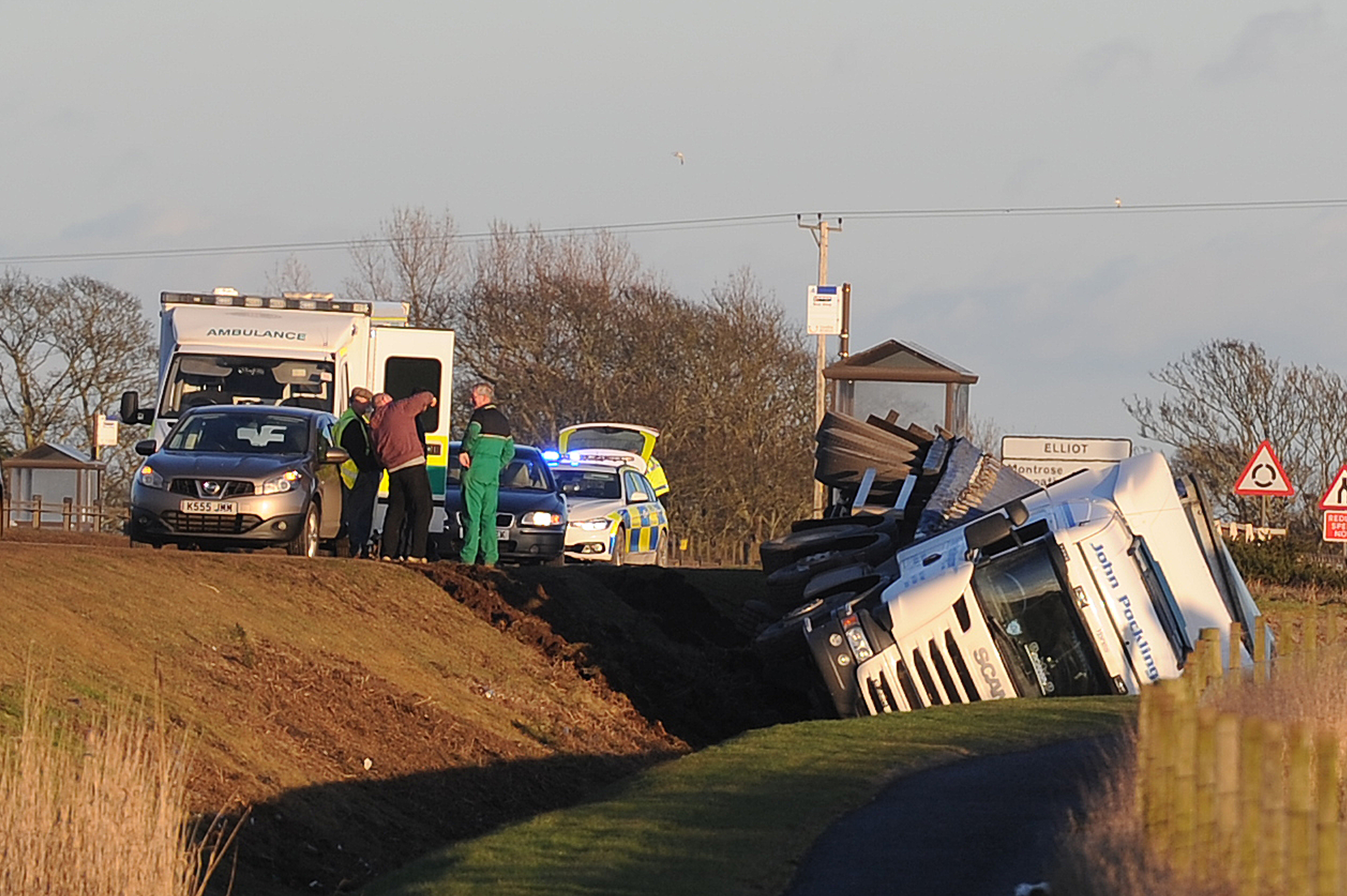 A lorry ended up in the ditch alongside the A92 south of Arbroath near the Arbirlot junction.