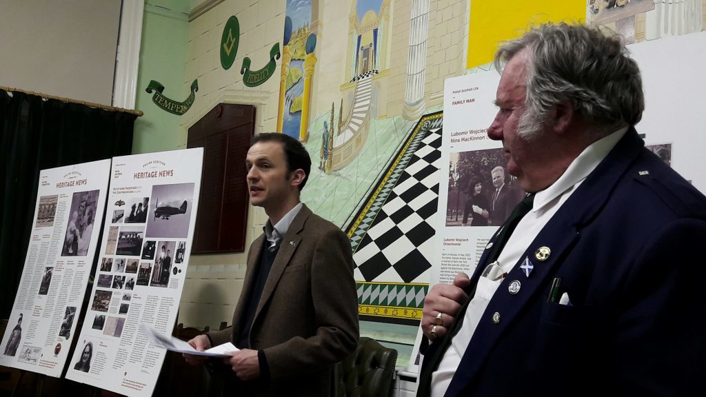 North East Fife MP Stephen Gethins speaks at the commemorative event flanked by Douglas Abercrombie of Lodge 19 