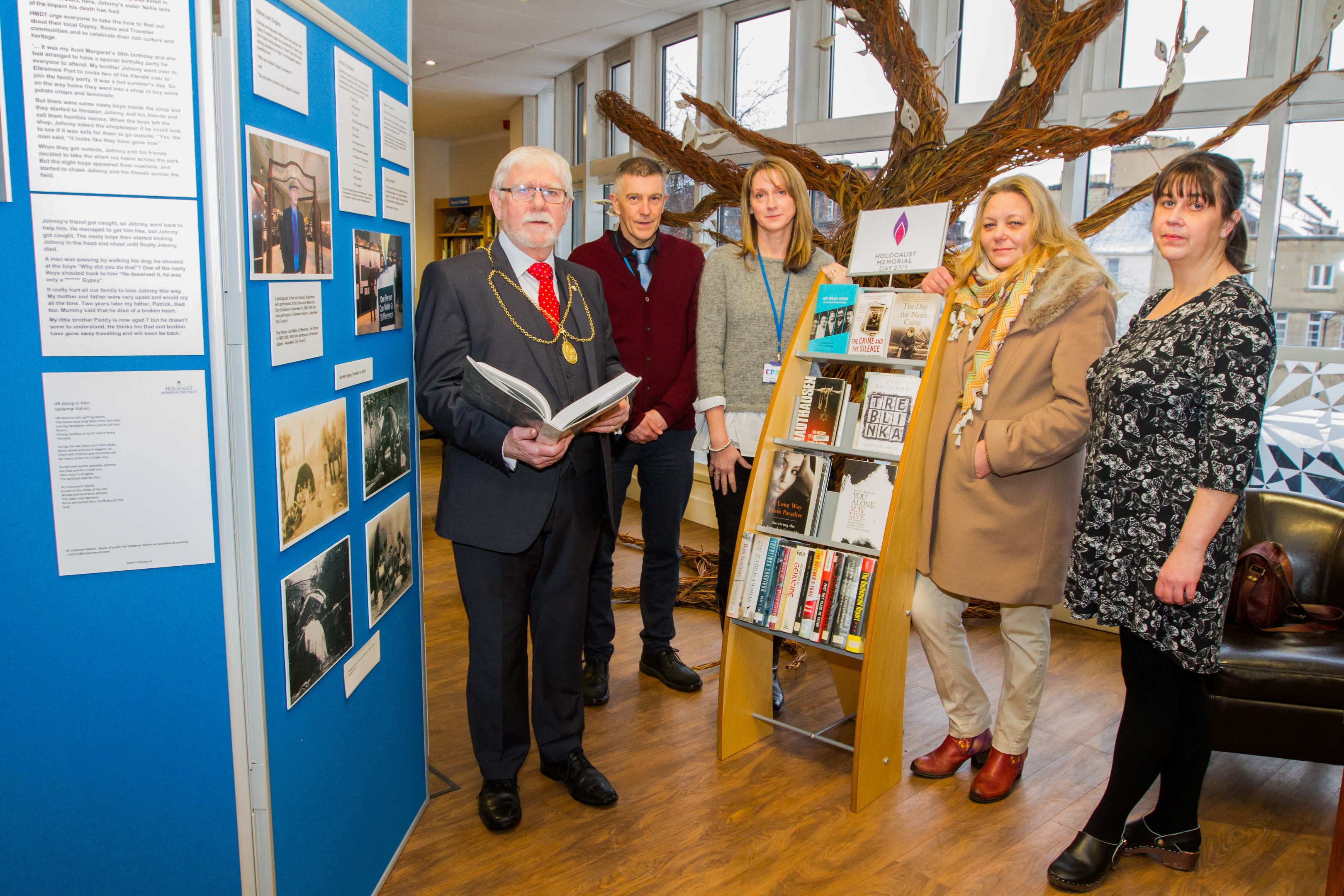 Picture shows, left to right, Provost Dennis Melloy, David McPhee (Perth & Kinross Council), Dr Nicola Cowmeadow (Local History Officer, AK Bell Library), Roseanna McPhee (Chairperson of Rajpot) and Elaine Blair (AK Bell Library, Librarian).