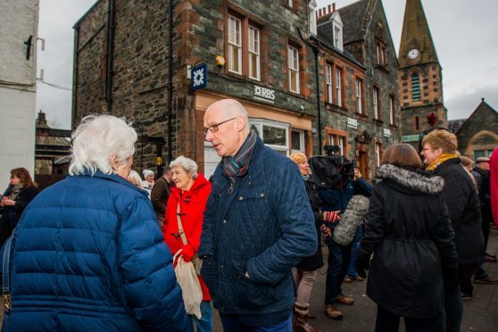 John Swinney MSP chatting to some protesters at Aberfeldy.