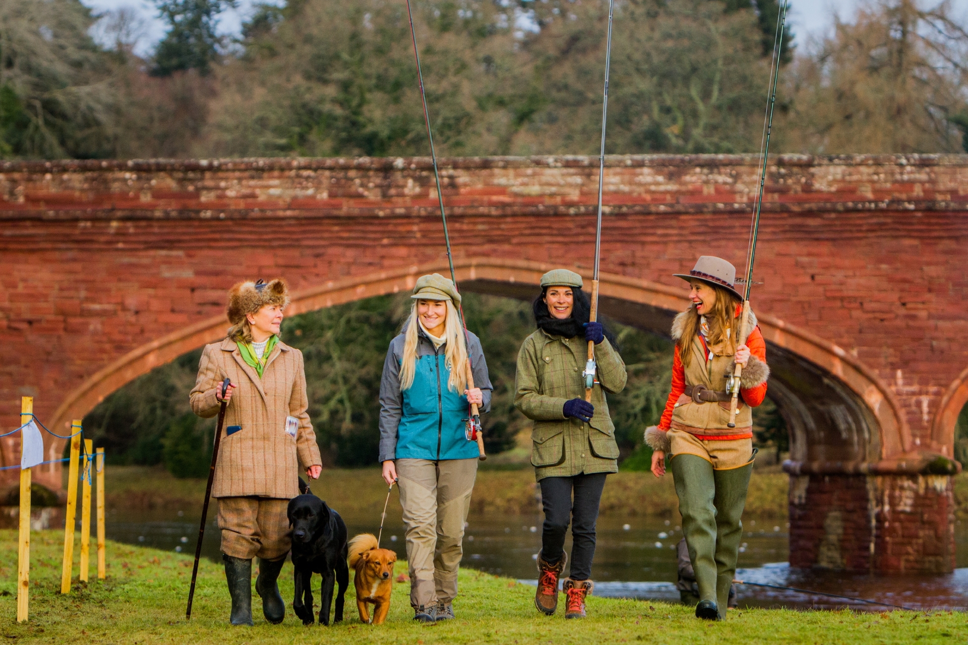 Joanna Gibson with dog Smolt alongside her daughter Marina Gibson with her dog Sedge, Gayle Ritchie and Claire Mercer Nairne of Meikleour Fishings.