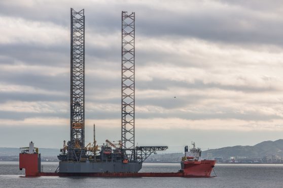 The ship MV Blue Marlin at anchor in the Firth of Forth.