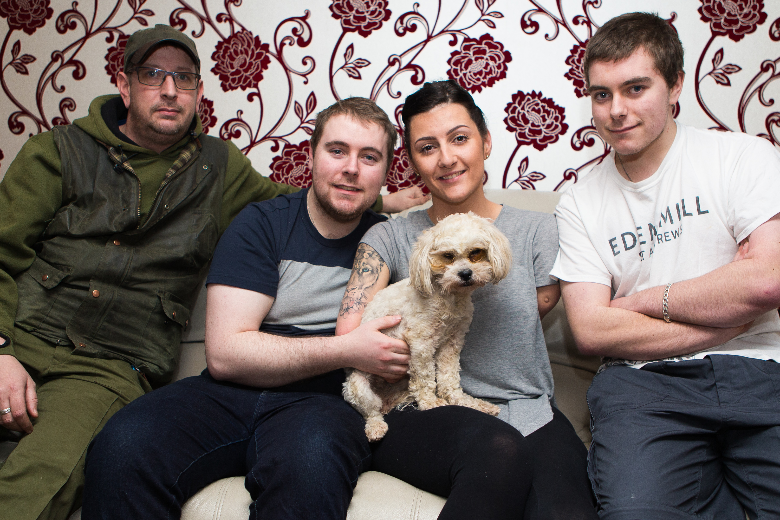 Molly with some of the search team (l-r) Chris Chapman, Sean Nobile, Robyn Ferguson and Connor Nobile. Molly was reunited with her owners after 12 days lost in Dunfermline
