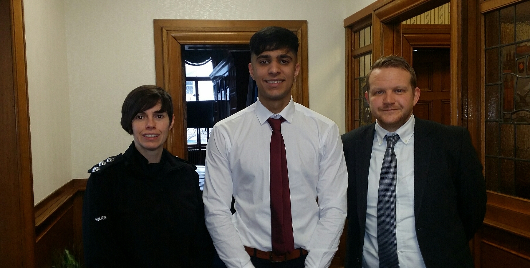 Scottish Youth Parliament Dundee West representative Sharroz Hussain with Chief Inspector Nicola Russell and Councillor Alan Ross.