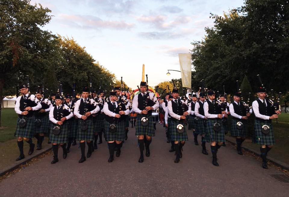 The Mackenzie Caledonian pipe band at the World Championships in June last year.