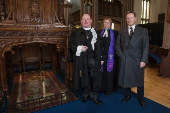 Rt Rev Dr Derek Browning, Abbey Minister Rev MaryAnn Rennie, and  Lord Charles Bruce