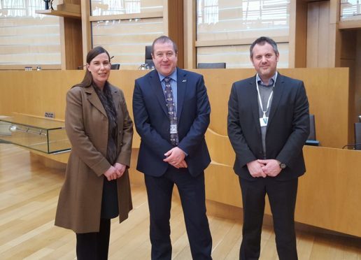 Graeme Dey MSP with Leanne Yates of Denfind Stone and Marcus Paine of Hutton Stone