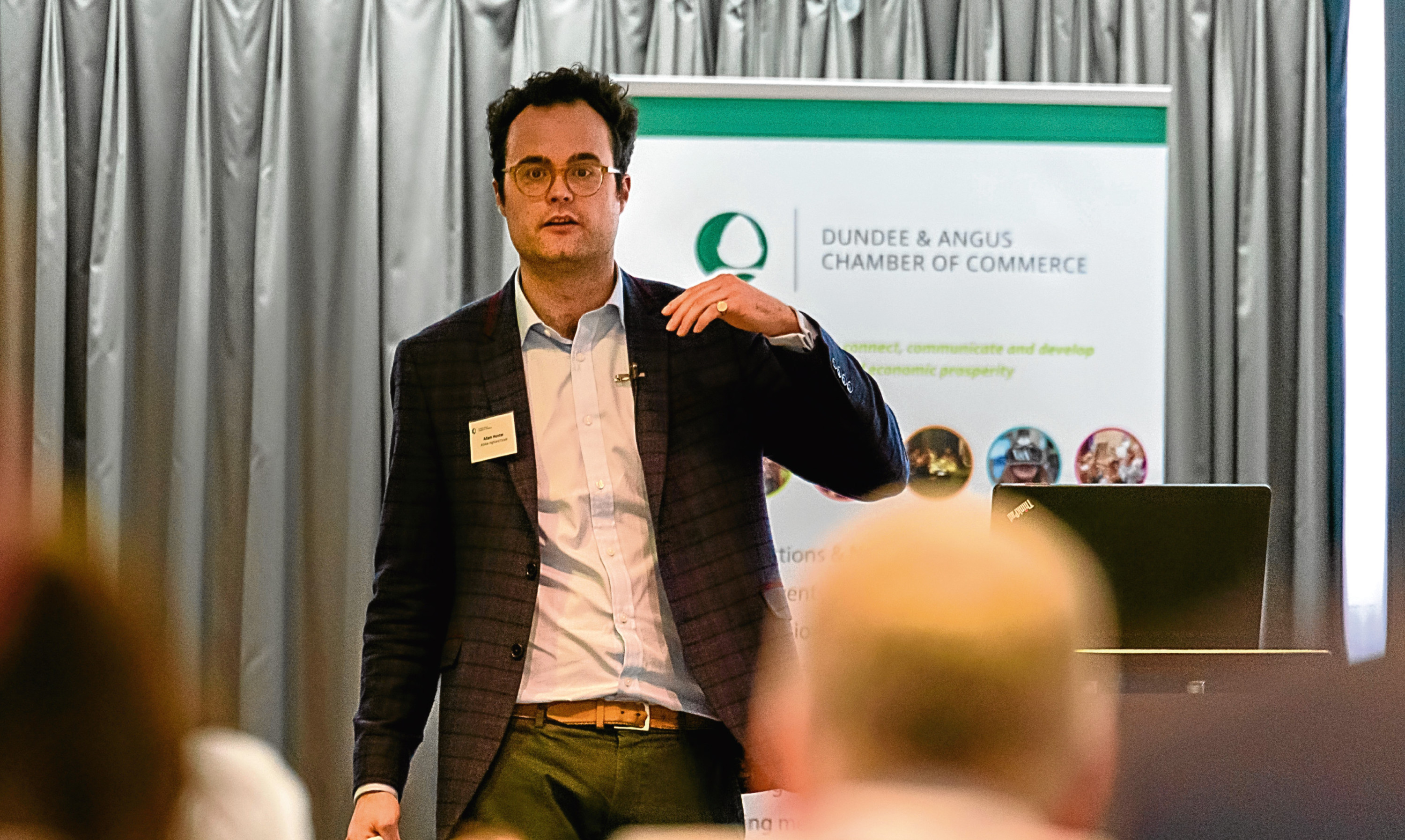 Adam Hunter, commercial manager of Arbikie Highland Estate, speaking at the business breakfast held at Dundees Apex Hotel. Picture: Digital Mark Photography.