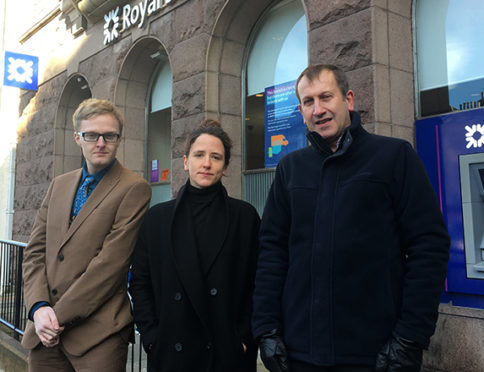 Councillor Leigh Wilson (Mearns), Mairi Gougeon MSP (Angus North and Mearns) and Councillor Bill Duff (Montrose) outside RBS Montrose branch in February.