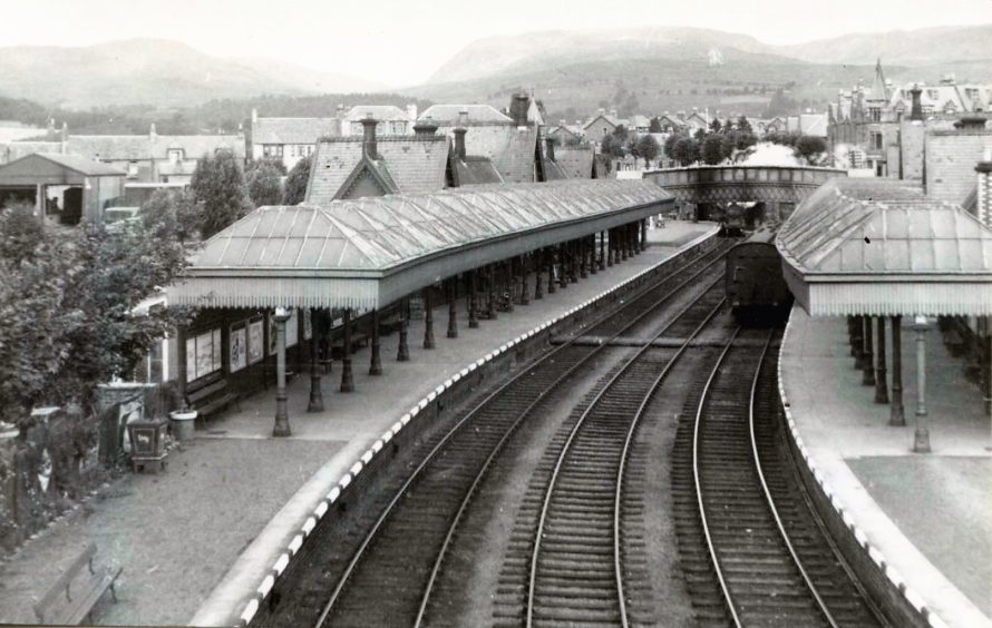 Black and white photo showing Crieff Station 