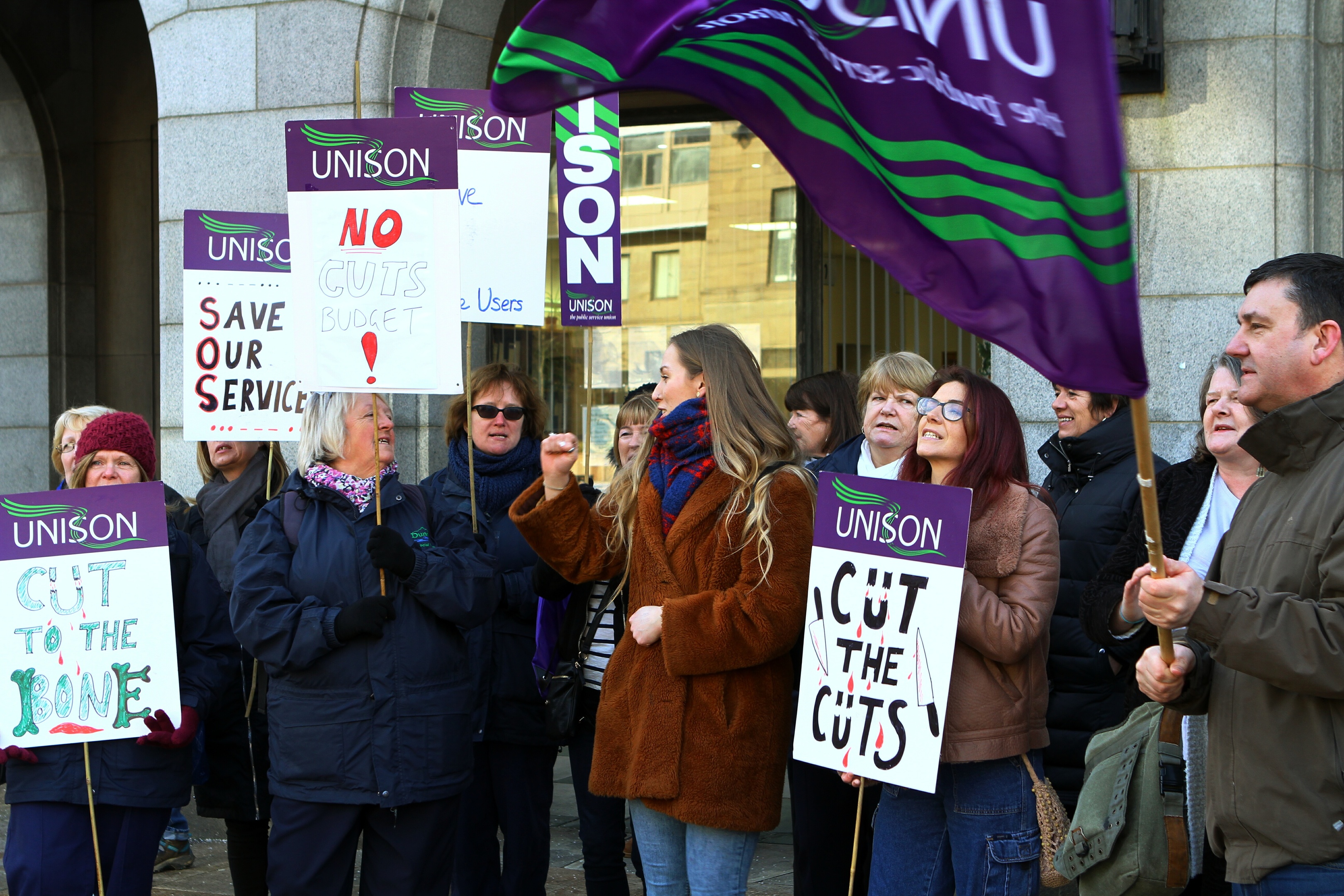 Anti-cuts protesters in the City Square before the Dundee City Council budget meeting last year.