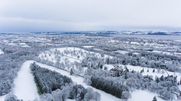 Bruce Duncan's aerial shot showing a blanket of snow across Dundee.
