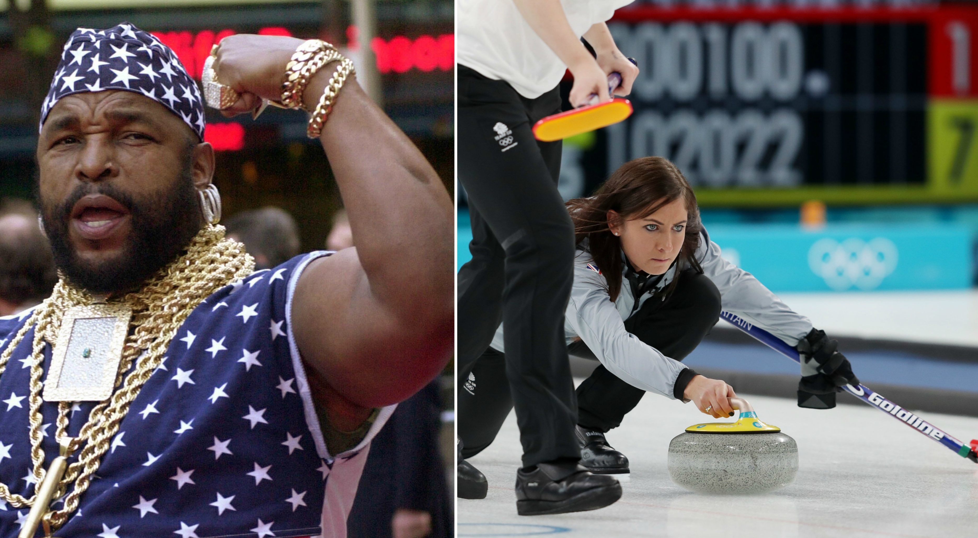 Mr T next to a photo of Eve Muirhead in action at the Winter Olympics.