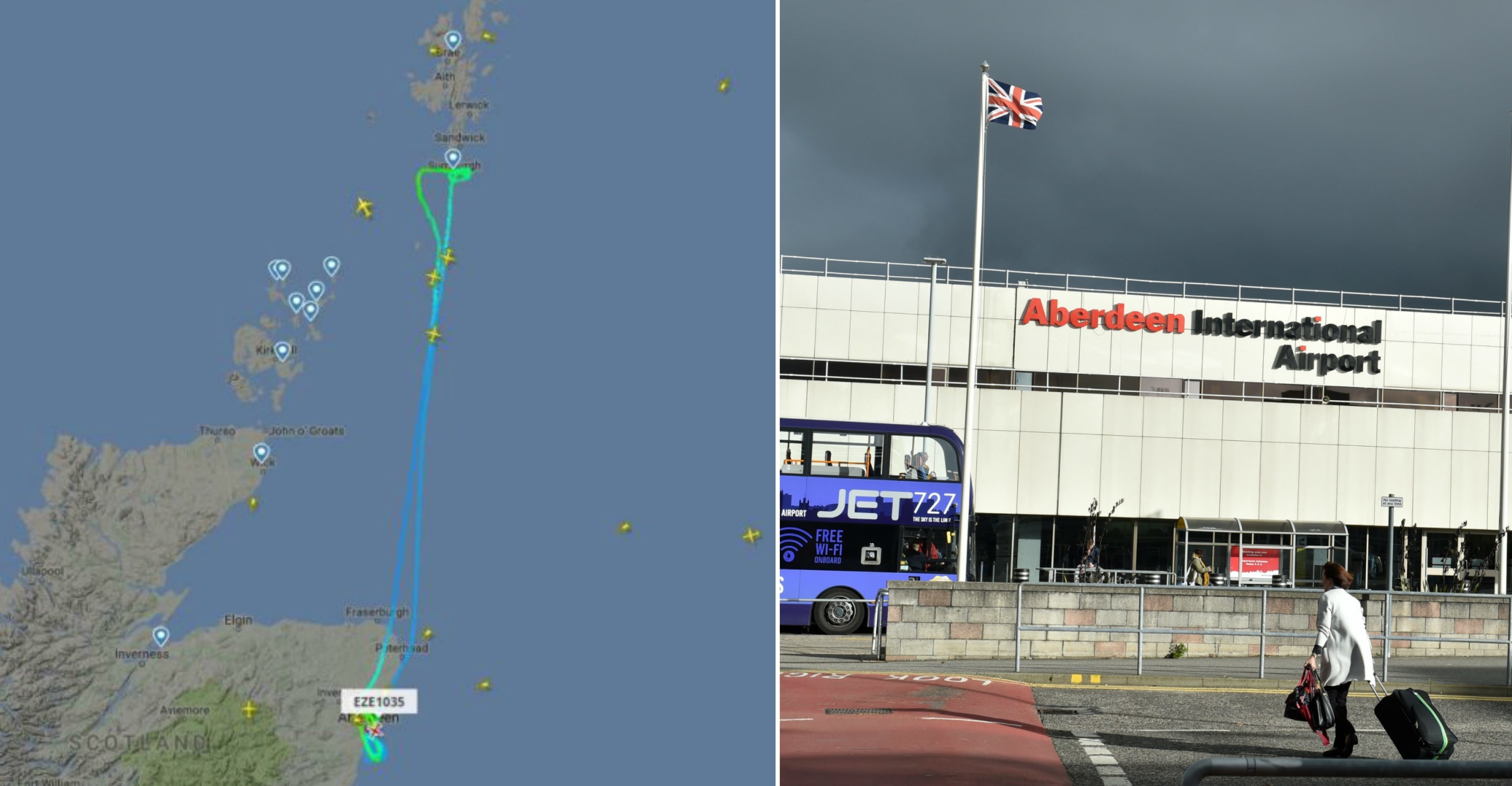 The path of the plane as indicated on Flightradar24, left, and Aberdeen Airport, right.